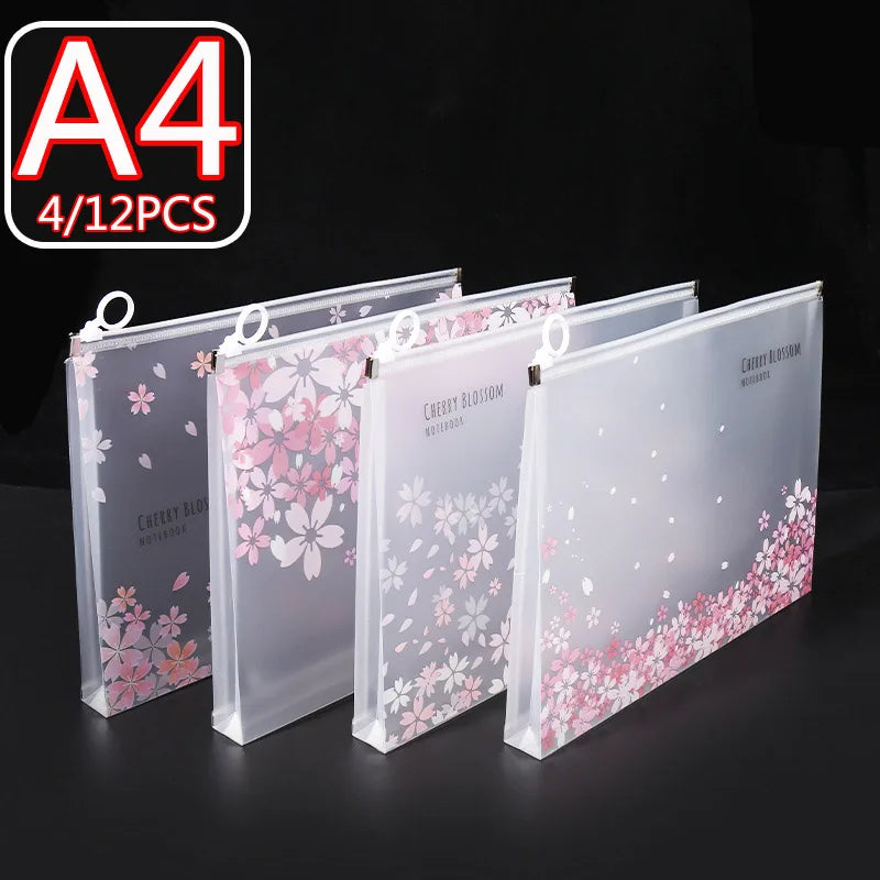 4/12pcs A4 Cute Sakura Folder File Pouch Stationery Storage Zipper File Bag for School Office Supplies Cartoon Storage Organizer